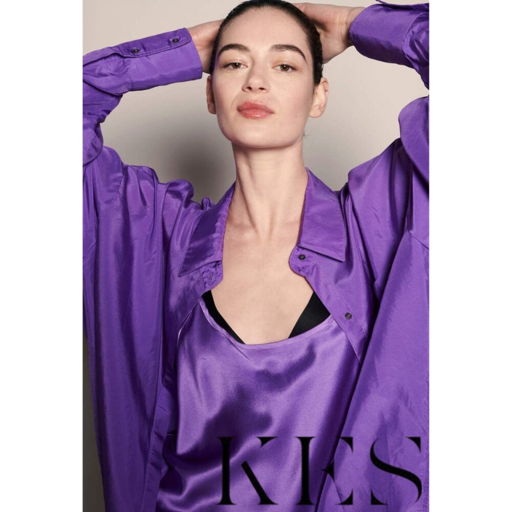 KES NYC Oversized Habotai Button Down Shirt Violet Purple Silk MSRP $320 Sz Med